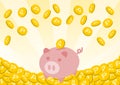 Point coins and piggy bank. Stacked coins and falling coins. Vector illustration. Royalty Free Stock Photo